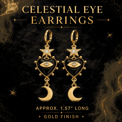 Evil Eye Jewelry Set, Gold Celestial Earrings & Heart Ring, Gothic Jewelry Bundle, Raven Charm Gift