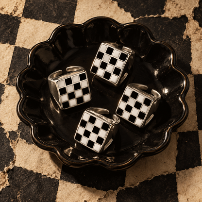 Black and White Checkerboard Adjustable Statement Ring with Gift Packaging