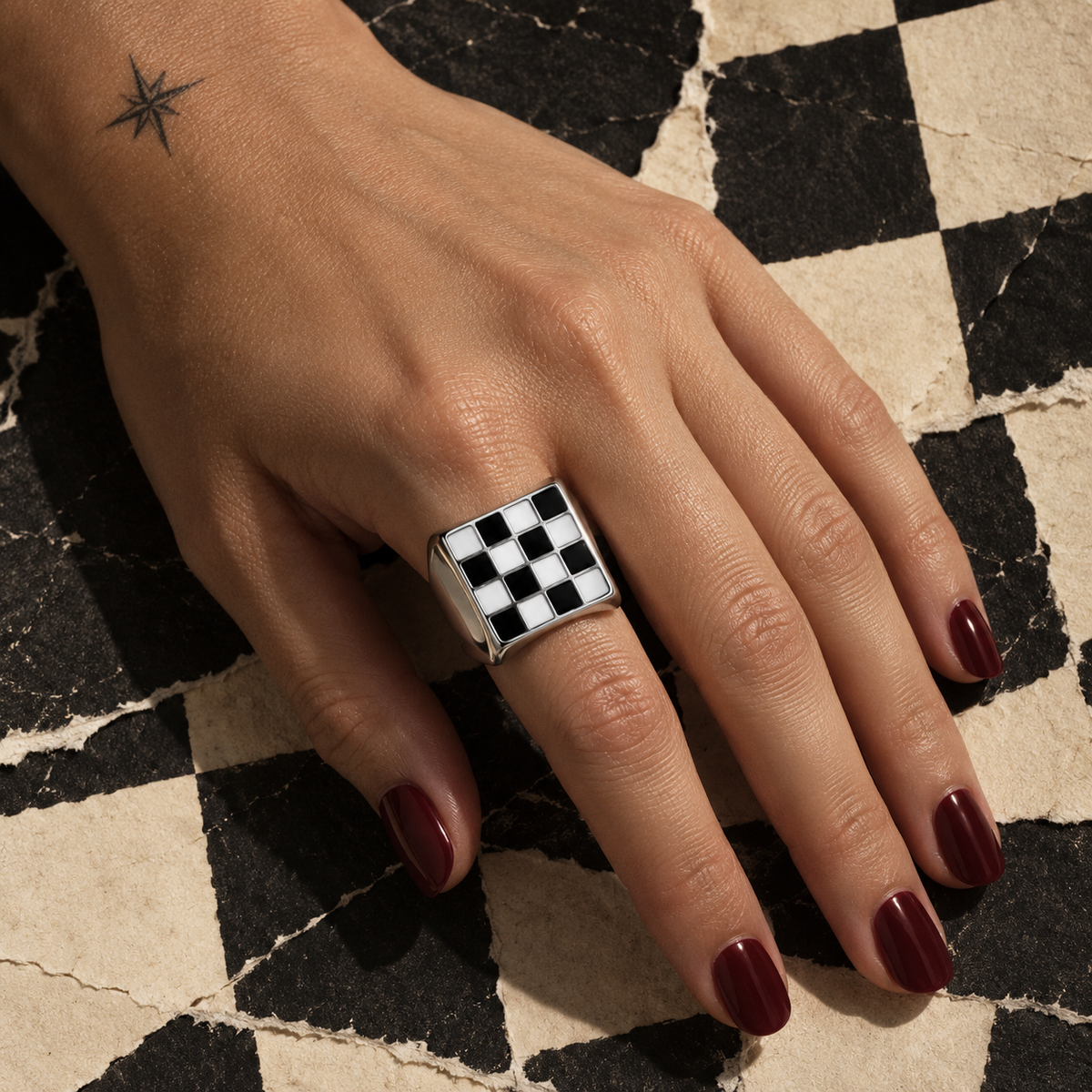 Black and White Checkerboard Adjustable Statement Ring with Gift Packaging
