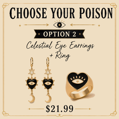 Evil Eye Jewelry Set, Gold Celestial Earrings & Heart Ring, Gothic Jewelry Bundle, Raven Charm Gift