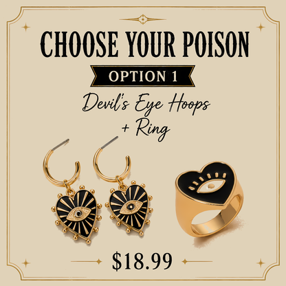 Evil Eye Jewelry Set, Gold Celestial Earrings & Heart Ring, Gothic Jewelry Bundle, Raven Charm Gift