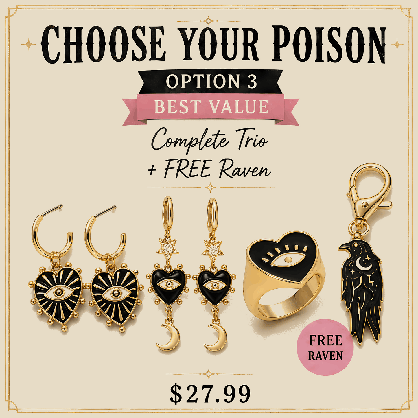 Evil Eye Jewelry Set, Gold Celestial Earrings & Heart Ring, Gothic Jewelry Bundle, Raven Charm Gift