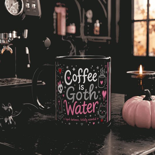 Coffee Is Goth Water Funny Halloween Black Mug 11 oz and 15 oz Black Mug (11oz, 15oz)