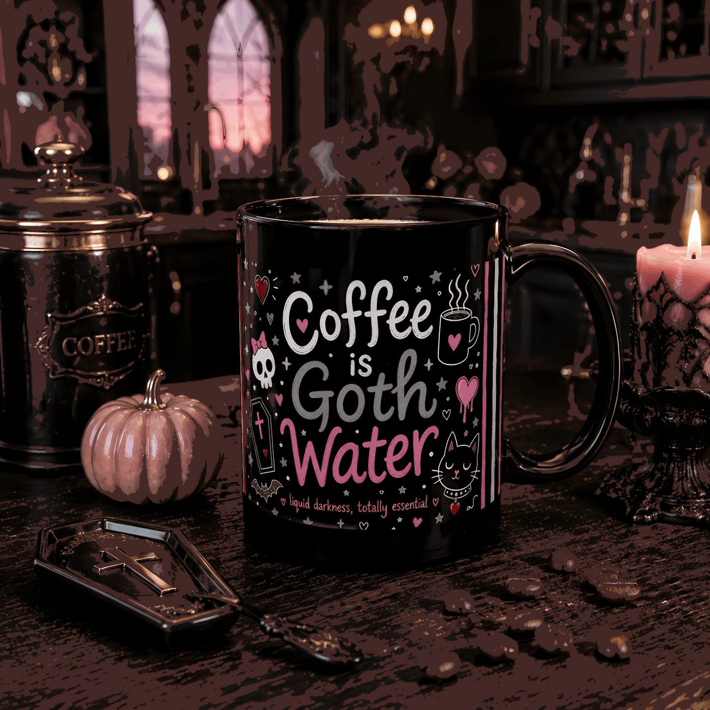 Coffee Is Goth Water Funny Halloween Black Mug 11 oz and 15 oz Black Mug (11oz, 15oz)