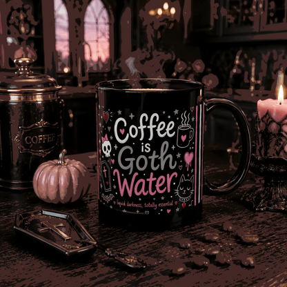 Coffee Is Goth Water Funny Halloween Black Mug 11 oz and 15 oz Black Mug (11oz, 15oz)
