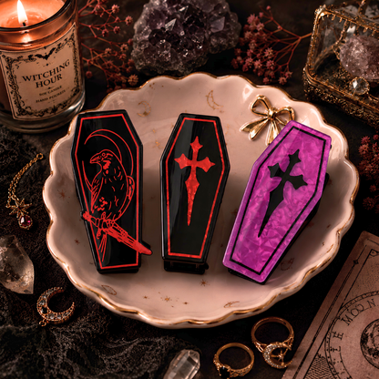 Coffin Hair Claw Clips Raven & Cross Gothic Hair Accessories with Black Velvet Gift Bag