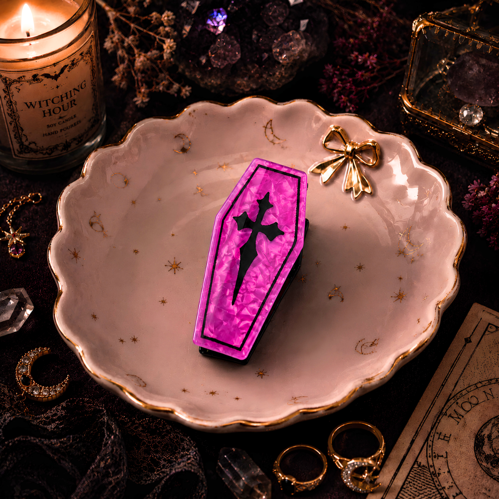 Coffin Hair Claw Clips Raven & Cross Gothic Hair Accessories with Black Velvet Gift Bag