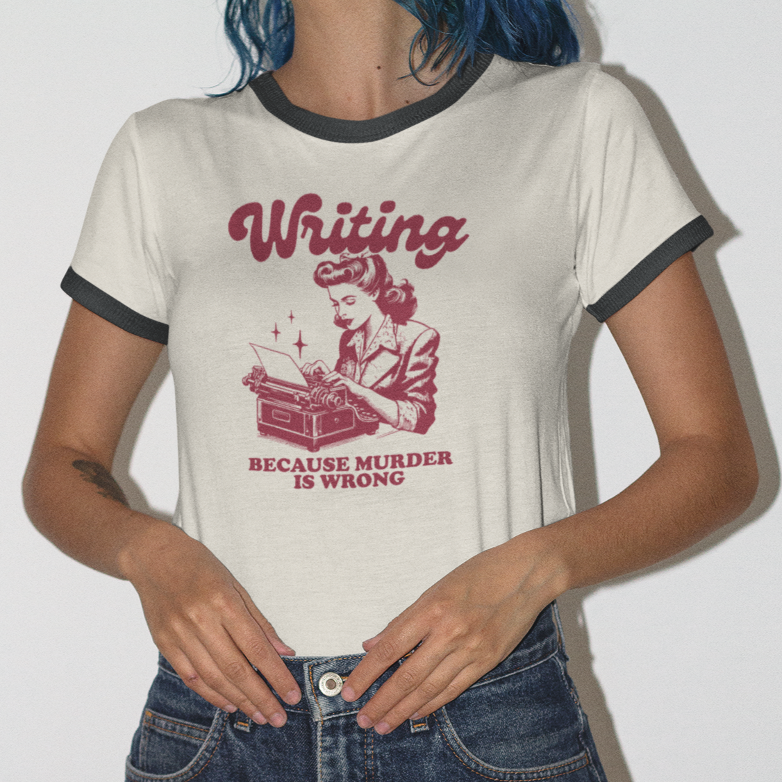 Writing Because Murder is Wrong - Vintage Dark Red Inspired Ringer Unisex Tee Next Level 3604