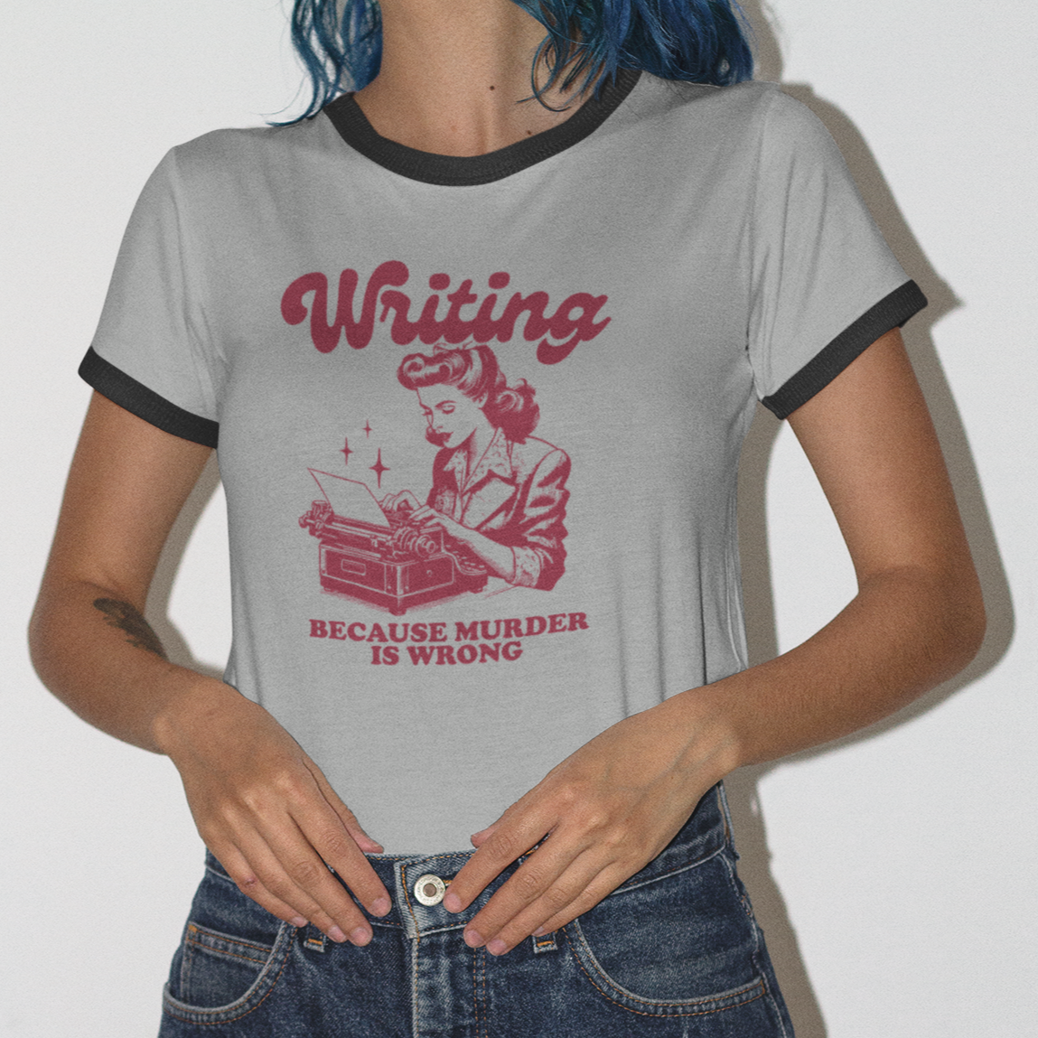 Writing Because Murder is Wrong - Vintage Dark Red Inspired Ringer Unisex Tee Next Level 3604
