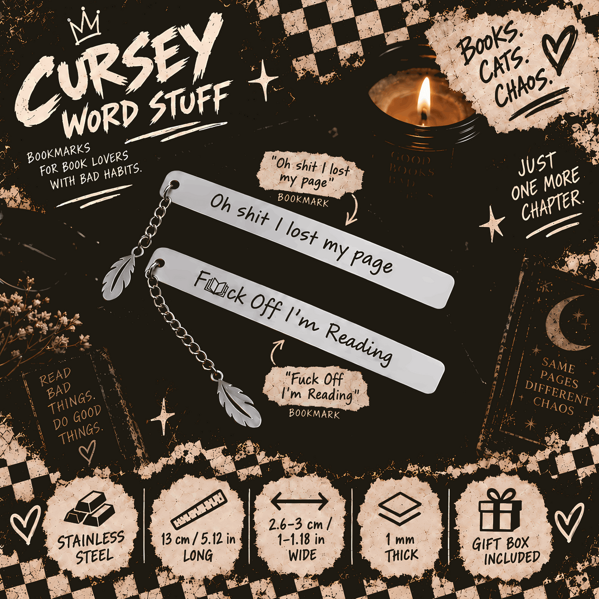 Cursey word stuff bookmarks shown on a dark illustrated background with book-themed props and text callouts. The set includes stainless steel bookmarks with feather charms and chain links, plus a candle and small book illustrations.