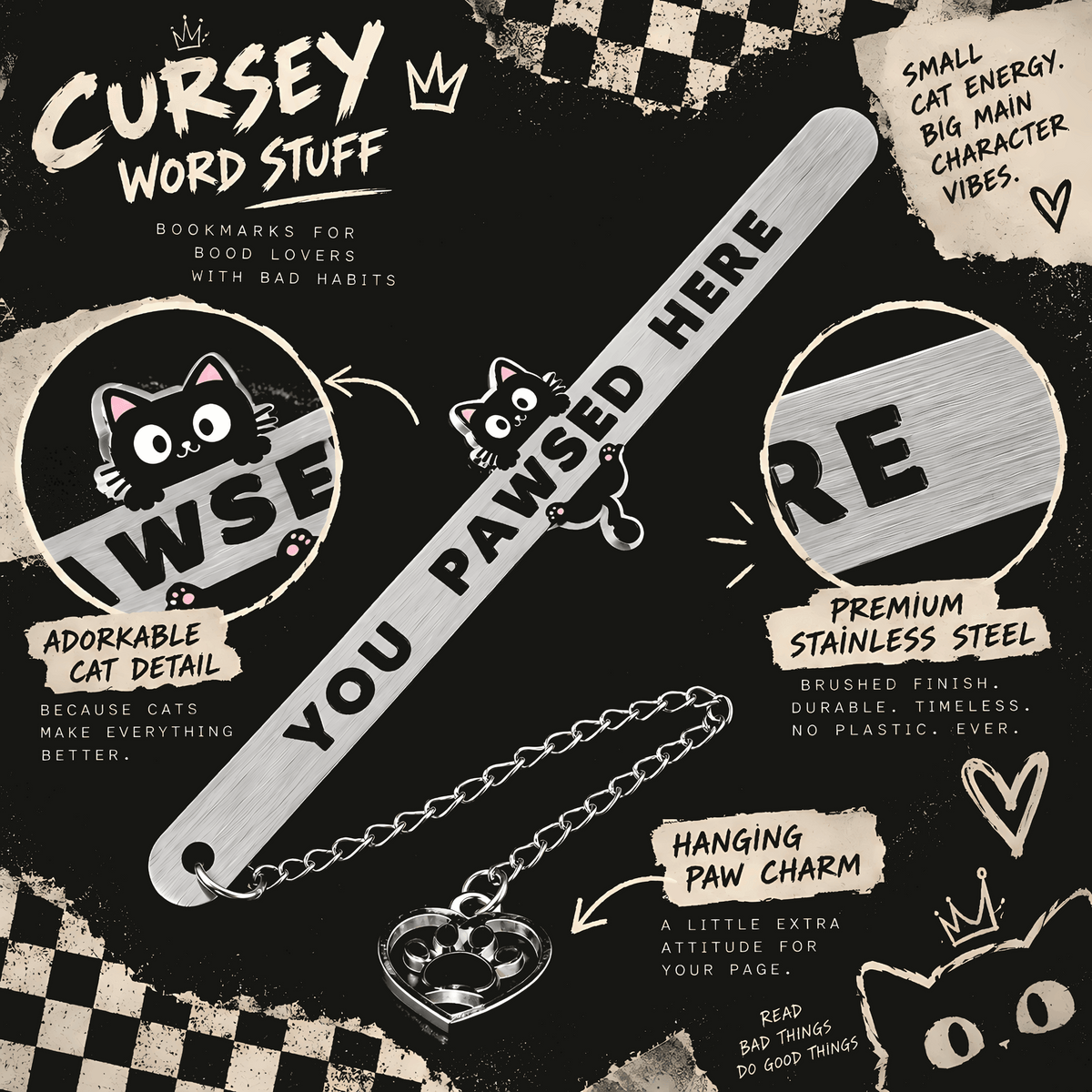 You Pawsed Here Cat Bookmark | Stainless Steel Bookmark with Paw Charm with Gift Box