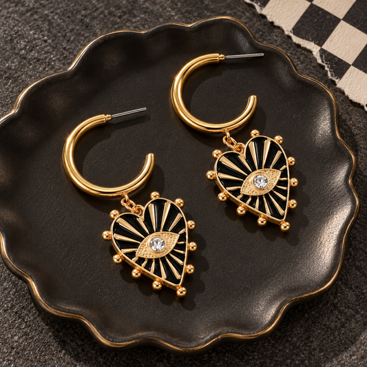 Devil’s Eye Black Heart Hoop Earrings