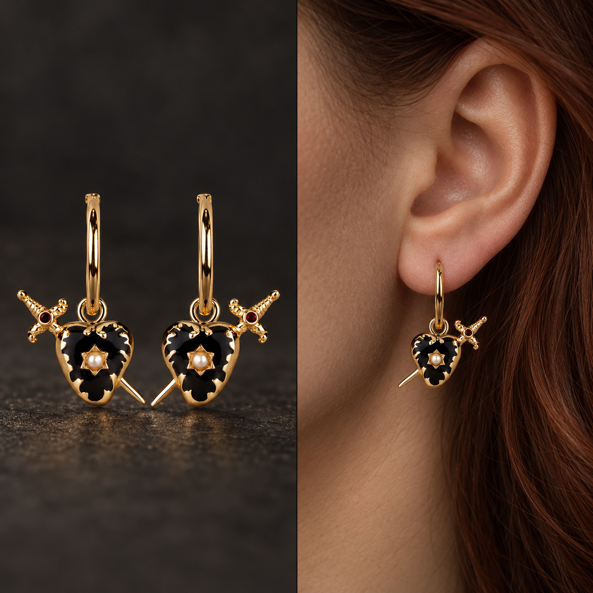 Heart and Dagger Hoop Earrings | Gold or Silver