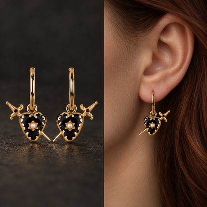 Heart and Dagger Hoop Earrings | Gold or Silver
