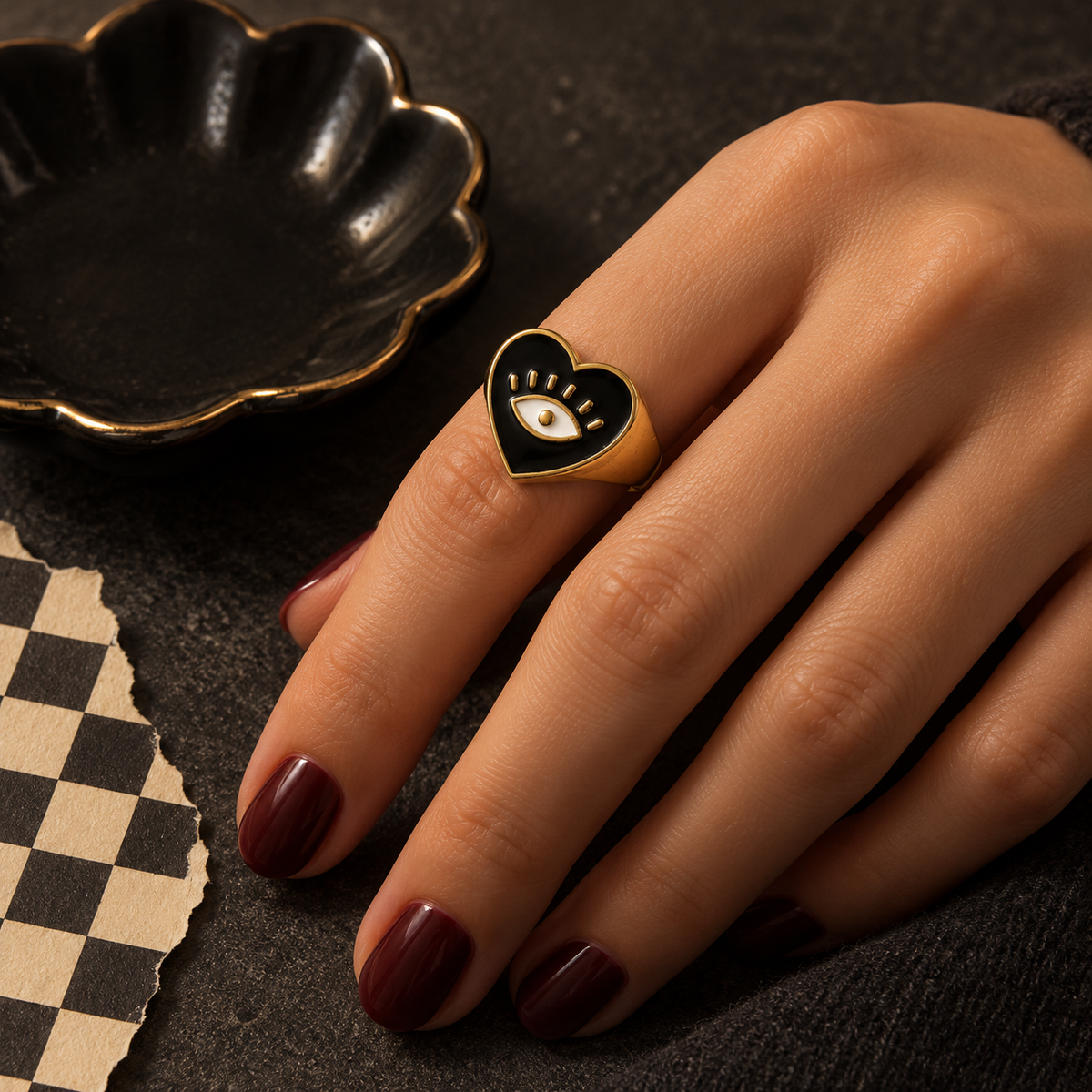 Black Heart Evil Eye Ring | Fits Sizes 6–7