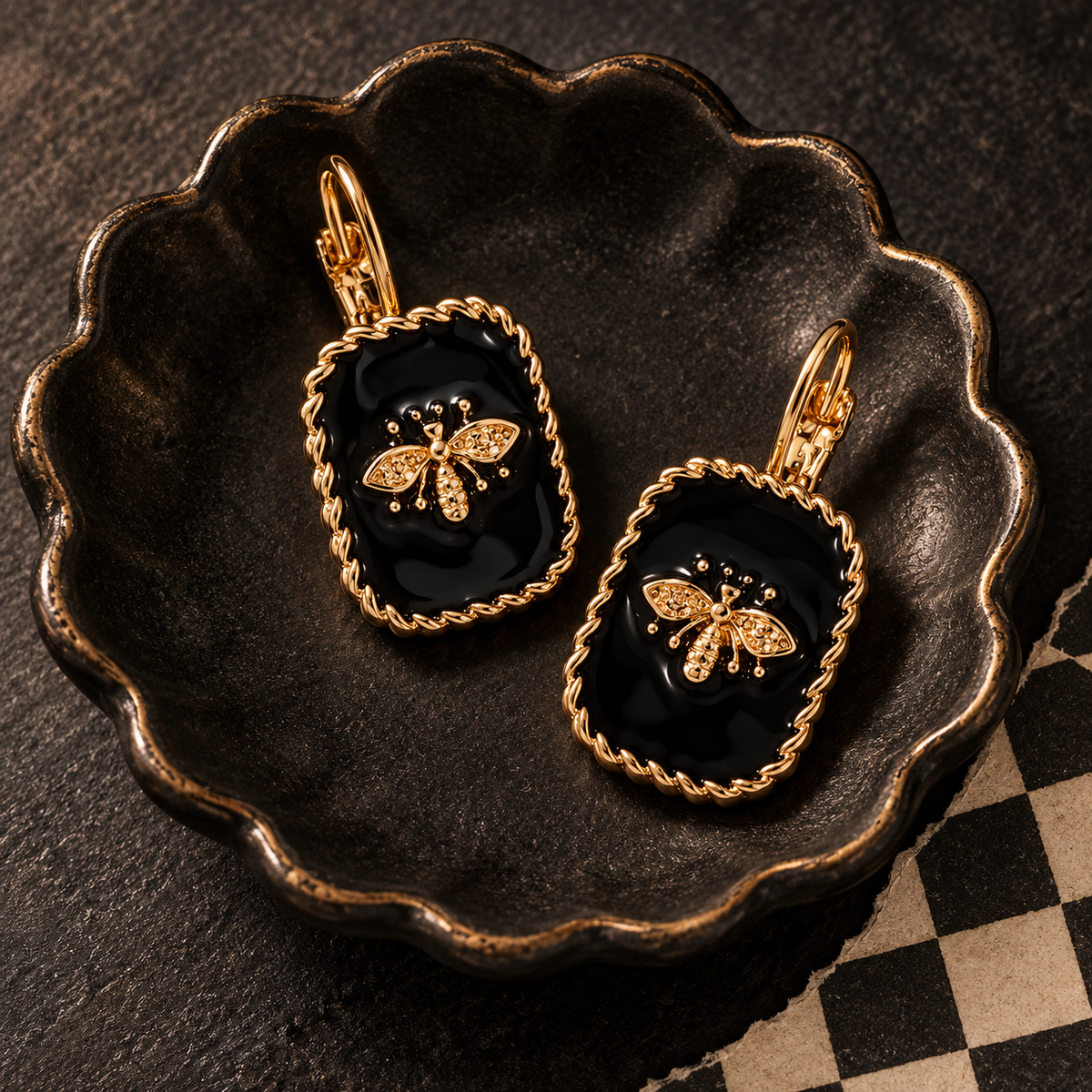 Black and Gold Bee Drop Earrings