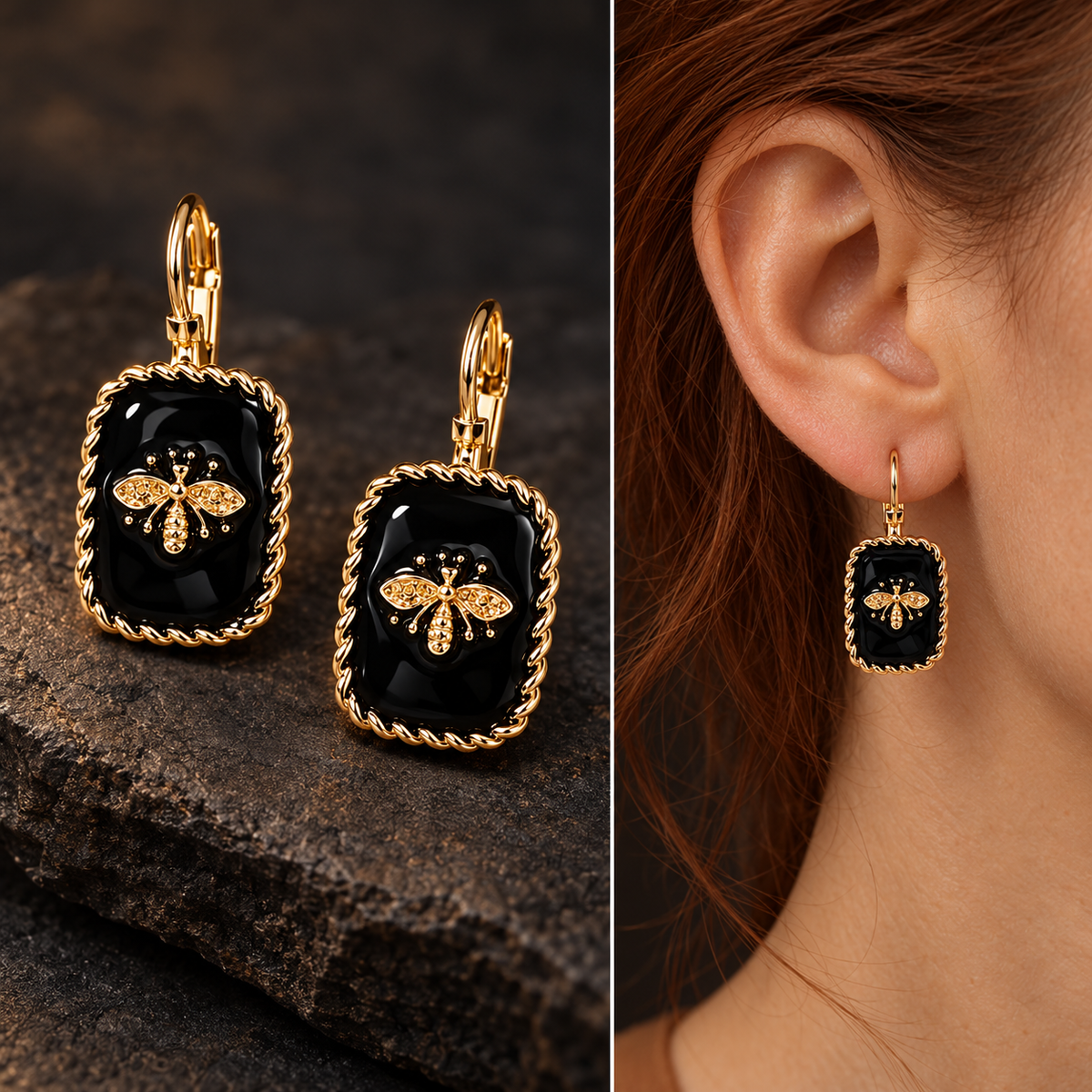 Black and Gold Bee Drop Earrings