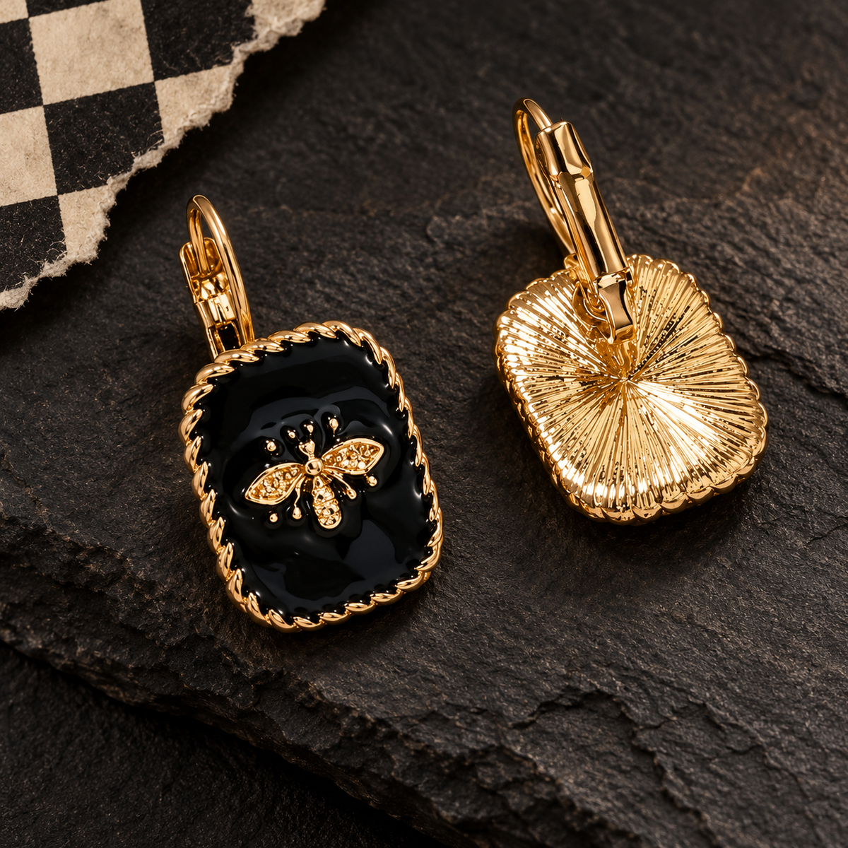 Black and Gold Bee Drop Earrings
