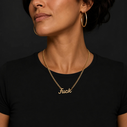 Gold Tone Script Necklace with Curb Chain | Edgy Statement Jewelry | Gift Packaging Included