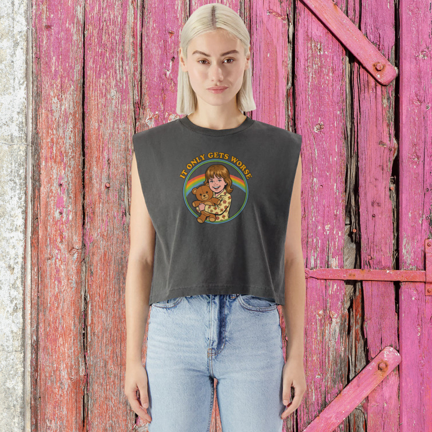 American Apparel It Only Gets Worse Muscle Tank Retro Rainbow Teddy Bear Shirt