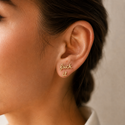 Fuck It Script Stud Earrings Gold & Silver with Black Velvet Gift Bag