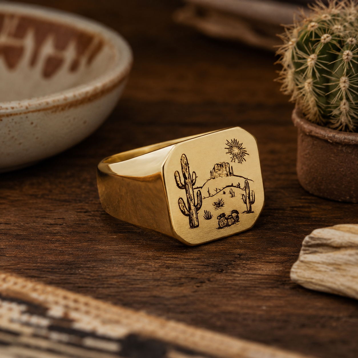 Gold Cactus Desert Signet Western Ring with Velvet Gift Bag