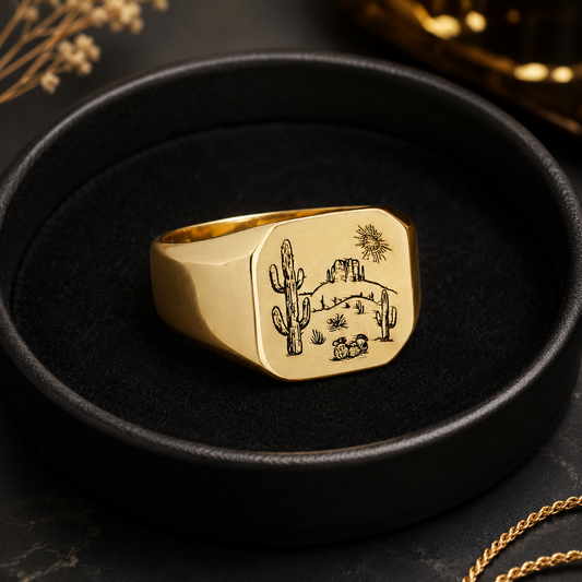 Gold Cactus Desert Signet Western Ring with Velvet Gift Bag