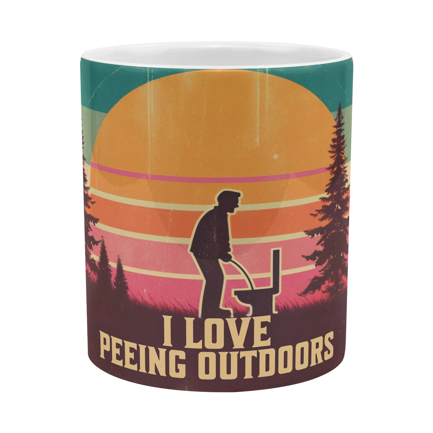 20 oz White Ceramic Mug - Retro Sunset & Forest Design - "I Love Peeing Outdoors"