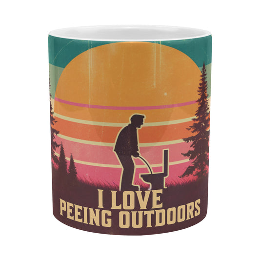 20 oz White Ceramic Mug - Retro Sunset & Forest Design - "I Love Peeing Outdoors"