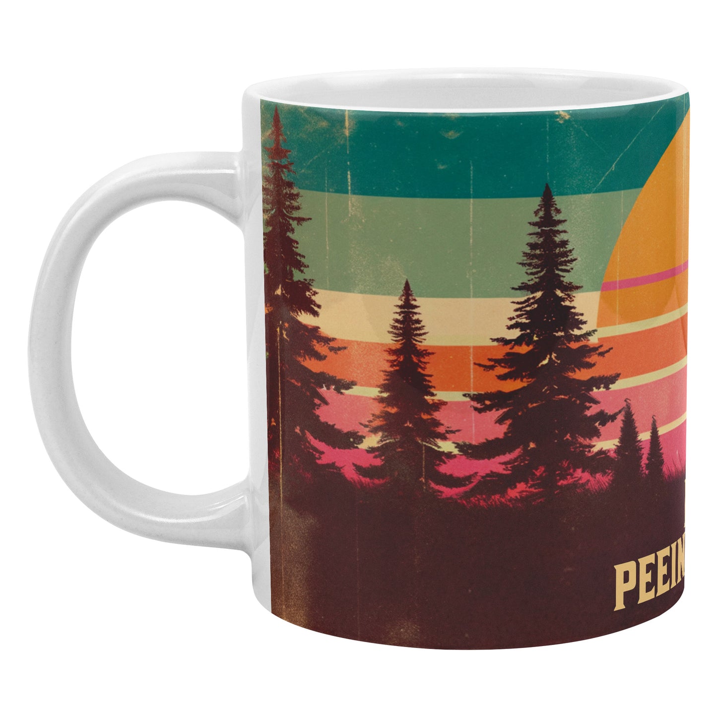 20 oz White Ceramic Mug - Retro Sunset & Forest Design - "I Love Peeing Outdoors"