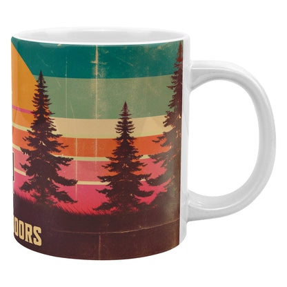 20 oz White Ceramic Mug - Retro Sunset & Forest Design - "I Love Peeing Outdoors"