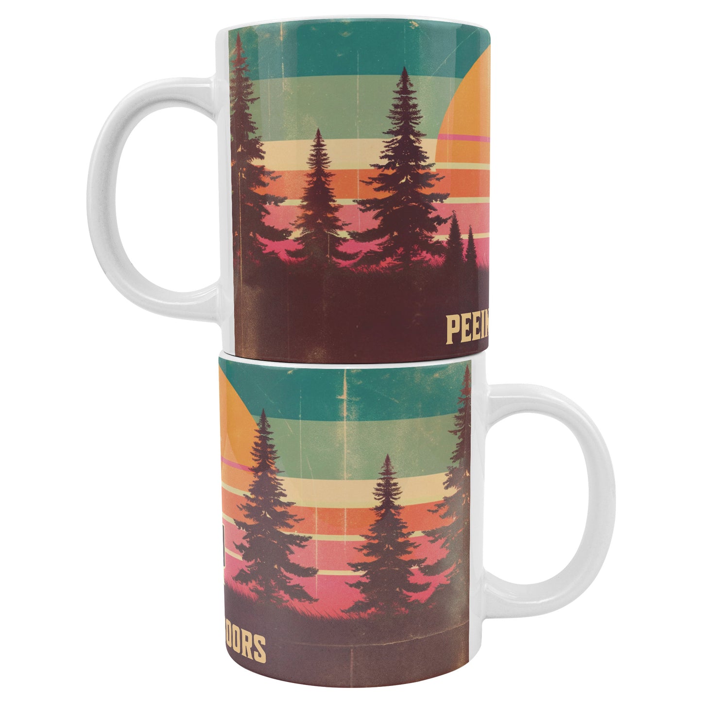 20 oz White Ceramic Mug - Retro Sunset & Forest Design - "I Love Peeing Outdoors"