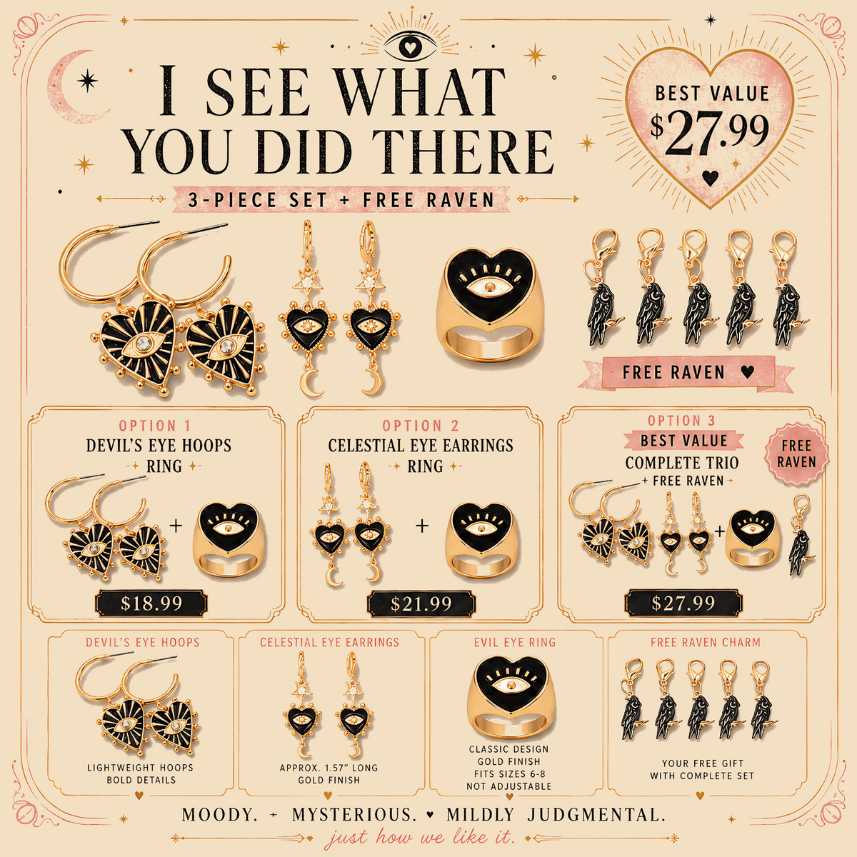 Evil Eye Jewelry Set | Celestial Gold Earrings & Ring Gift Set | Raven Charm