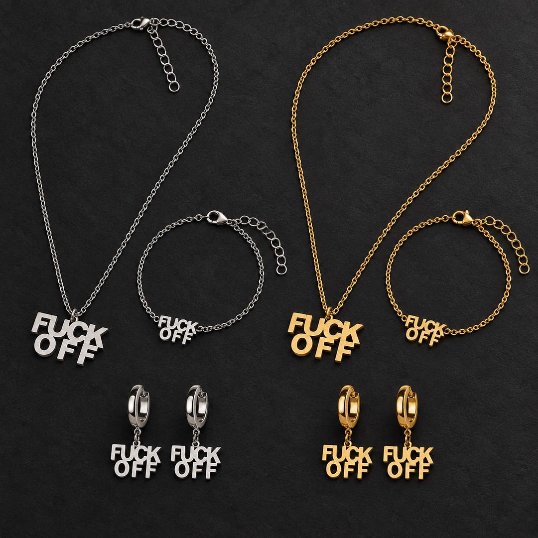 Gold and silver lettering jewelry sets with necklace, bracelet and huggie earrings