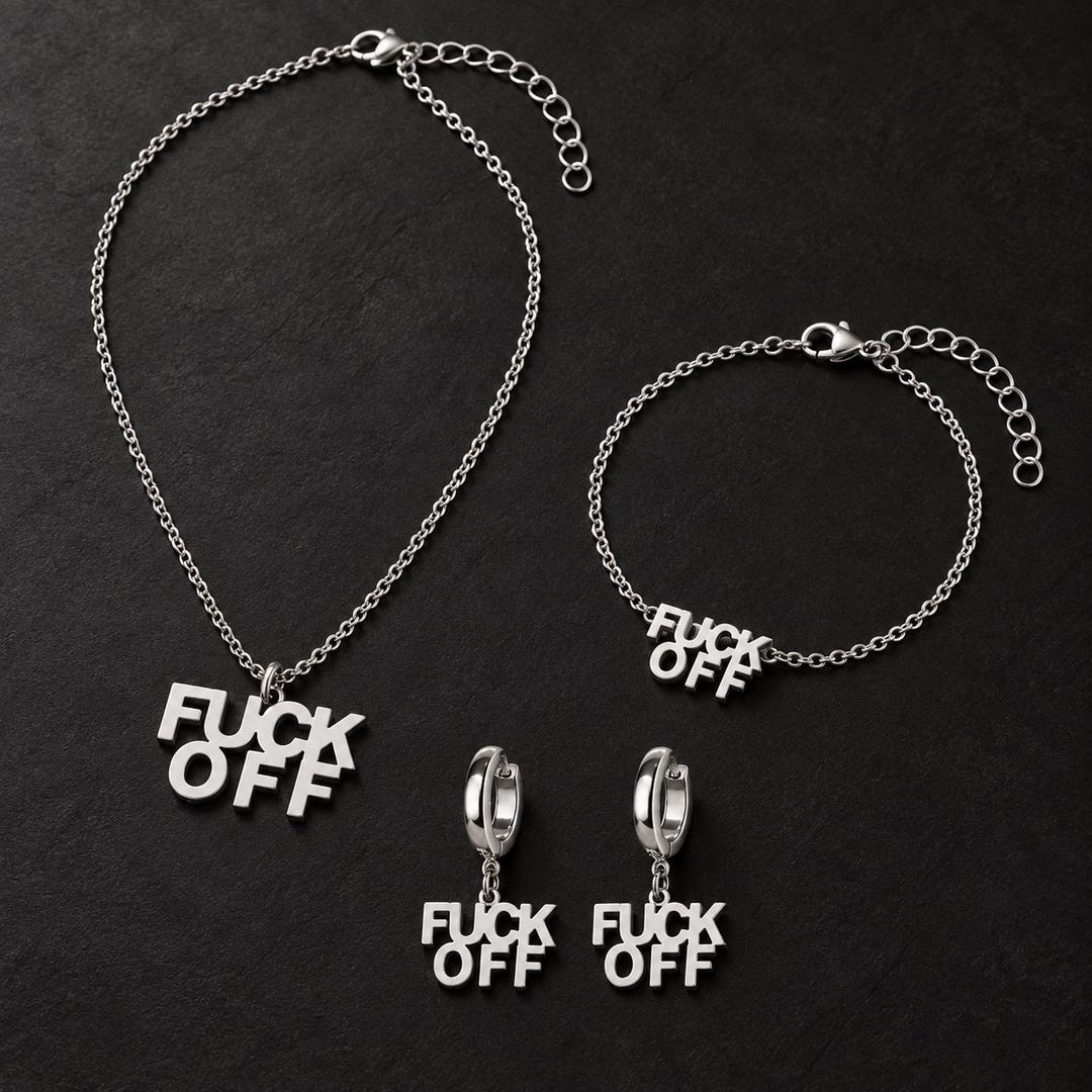 Silver lettering jewelry set with necklace, bracelet and huggie earrings