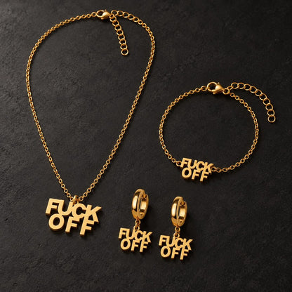 Gold lettering jewelry set with necklace, bracelet and huggie earrings