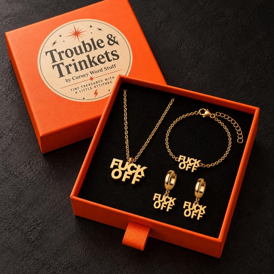 Gold lettering jewelry set in orange Trouble and Trinkets gift box