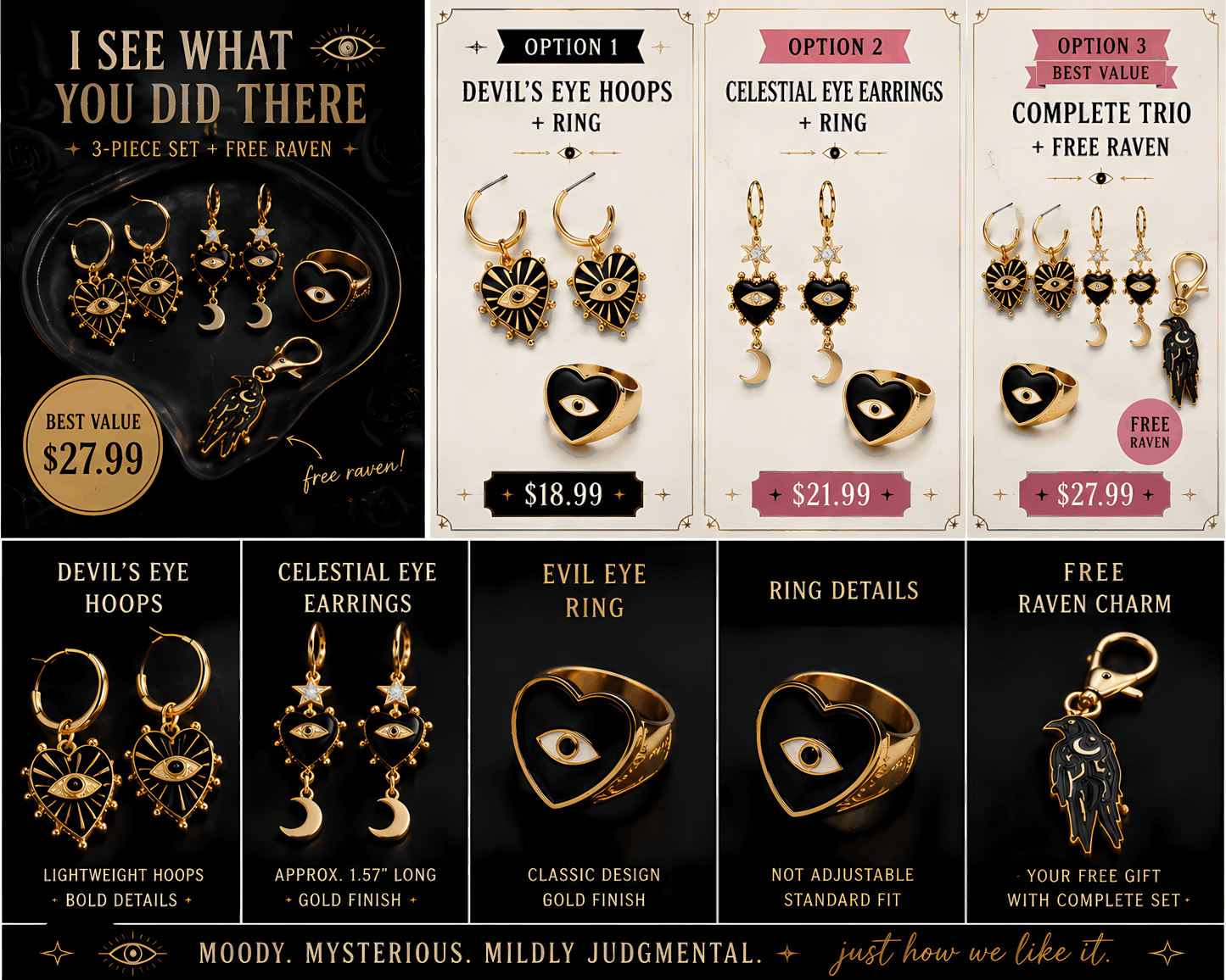 Evil Eye Jewelry Set, Gold Celestial Earrings & Heart Ring, Gothic Jewelry Bundle, Raven Charm Gift