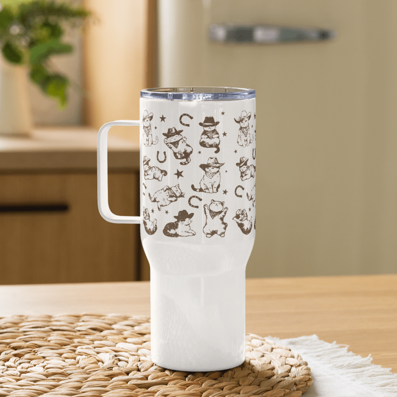 25 oz Travel Mug with Handle - Cowboy Cats and Kittens Western Vintage Design