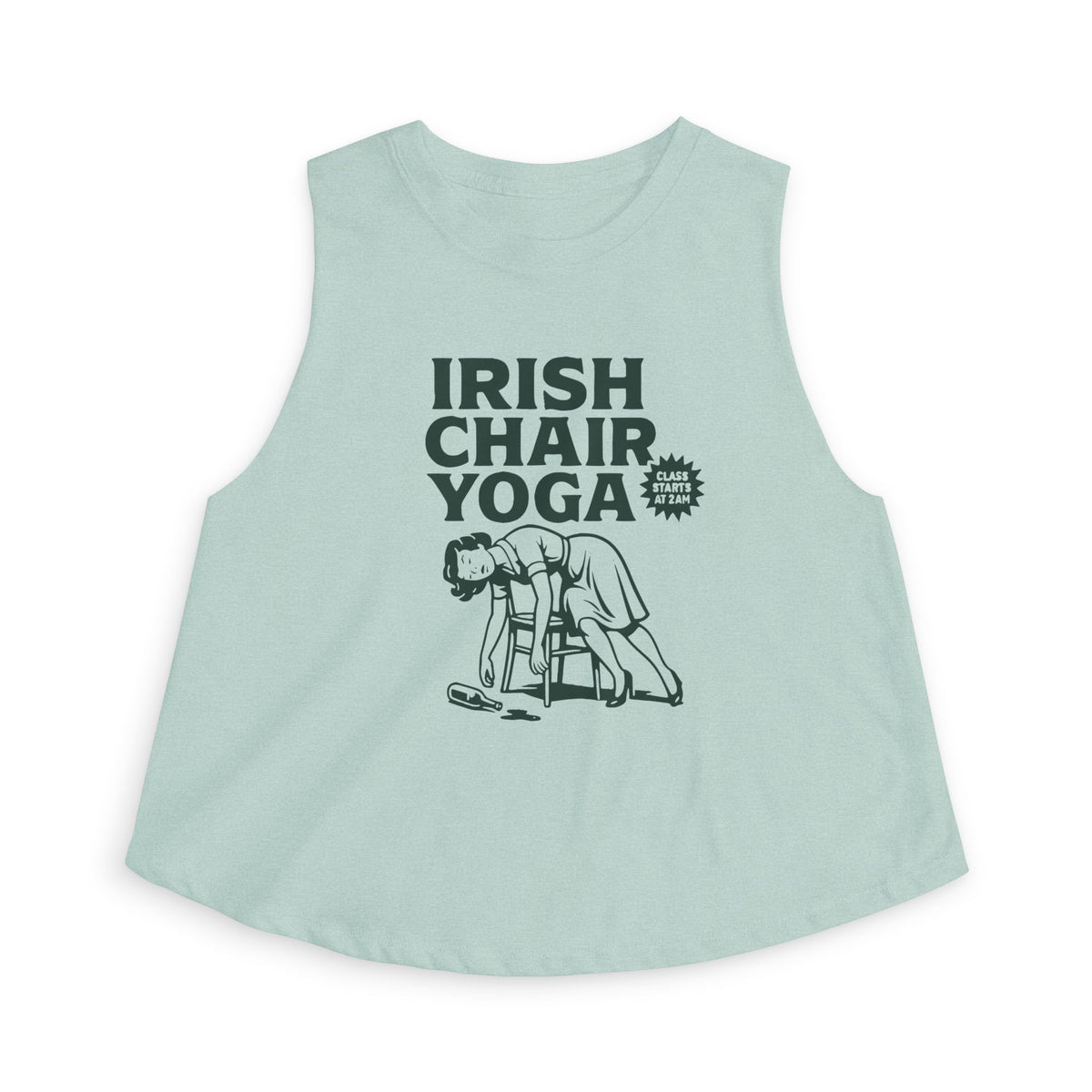 Light blue tank top with 'Irish Chair Yoga' graphic on a white background