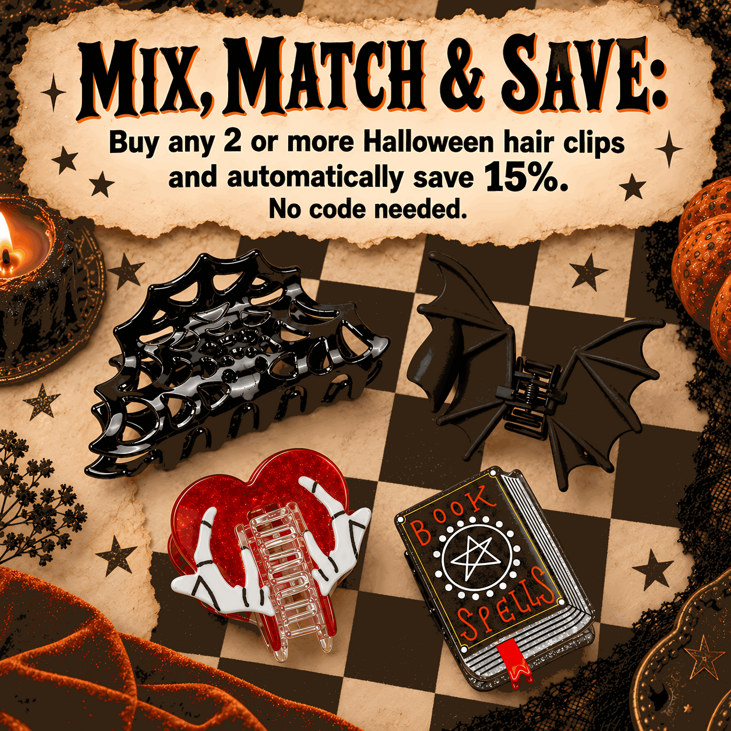 Halloween Hair Claw Clips | Bat, Spiderweb, Heart & Spell Book with Gift Packaging