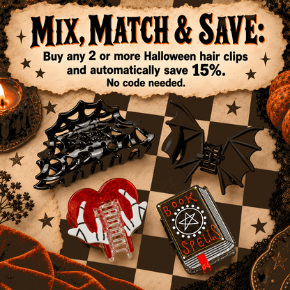 Halloween Hair Claw Clips | Bat, Spiderweb, Heart & Spell Book with Gift Packaging