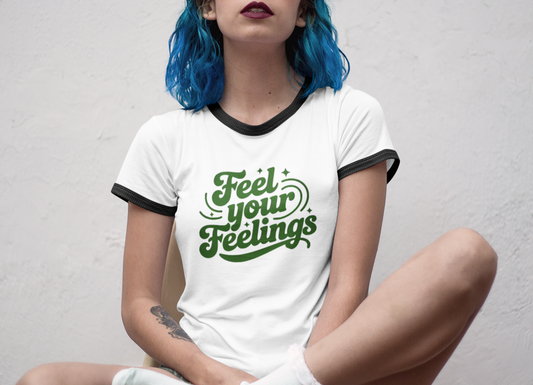 Feel Your Feelings Unisex Ringer T-Shirt Retro Emotional Wellness Tee in 4 Color Combos