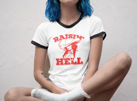 Unleash Western Charm with Our 'Raising Hell' Cowgirl Unisex  Ringer Shirt - 3 Color Options