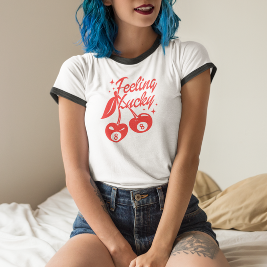 Vintage 'Feeling Lucky' With 8's and Cherries-Next Level Ringer Unisex Cotton T-Shirt - Available in 3 Colors