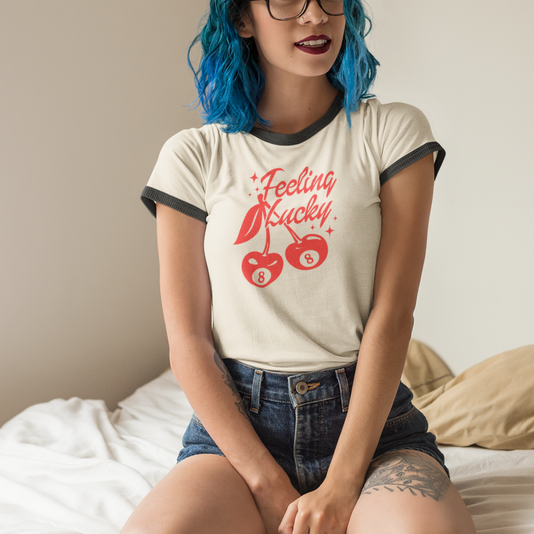 Vintage 'Feeling Lucky' With 8's and Cherries-Next Level Ringer Unisex Cotton T-Shirt - Available in 3 Colors