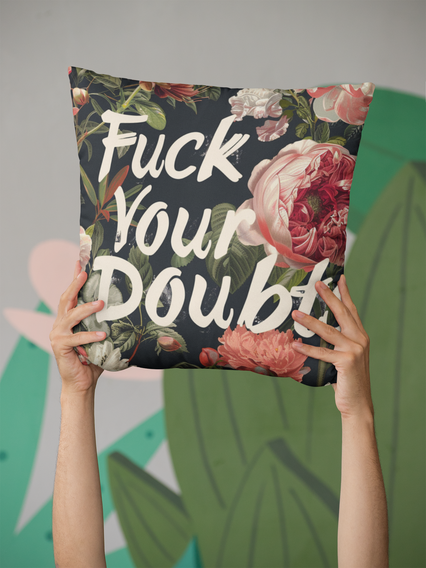 Funny Double-Sided Throw Pillow "Fuck Your Doubts" with a Dog Hair Twist