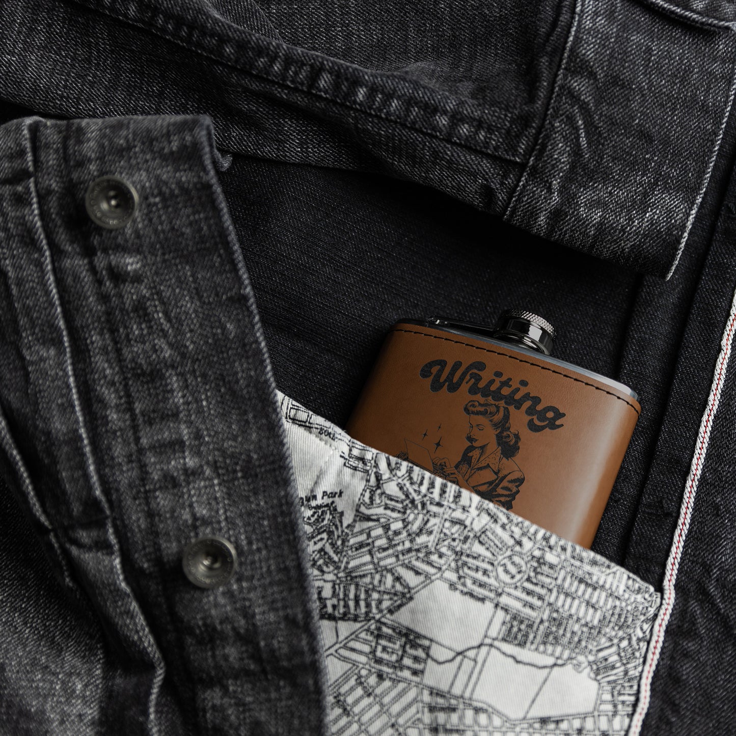 6oz Leather Flask - 'Writing Because Murder is Wrong' Design