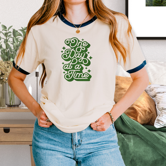 Vintage 70's Green Unisex Ringer Tee One Day at a Time Design