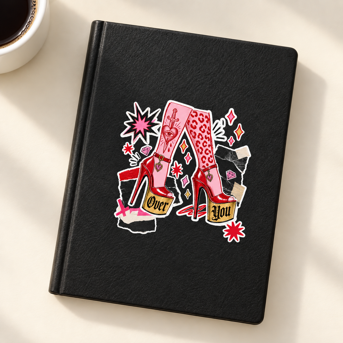 Over You red platform heels sticker on black notebook
